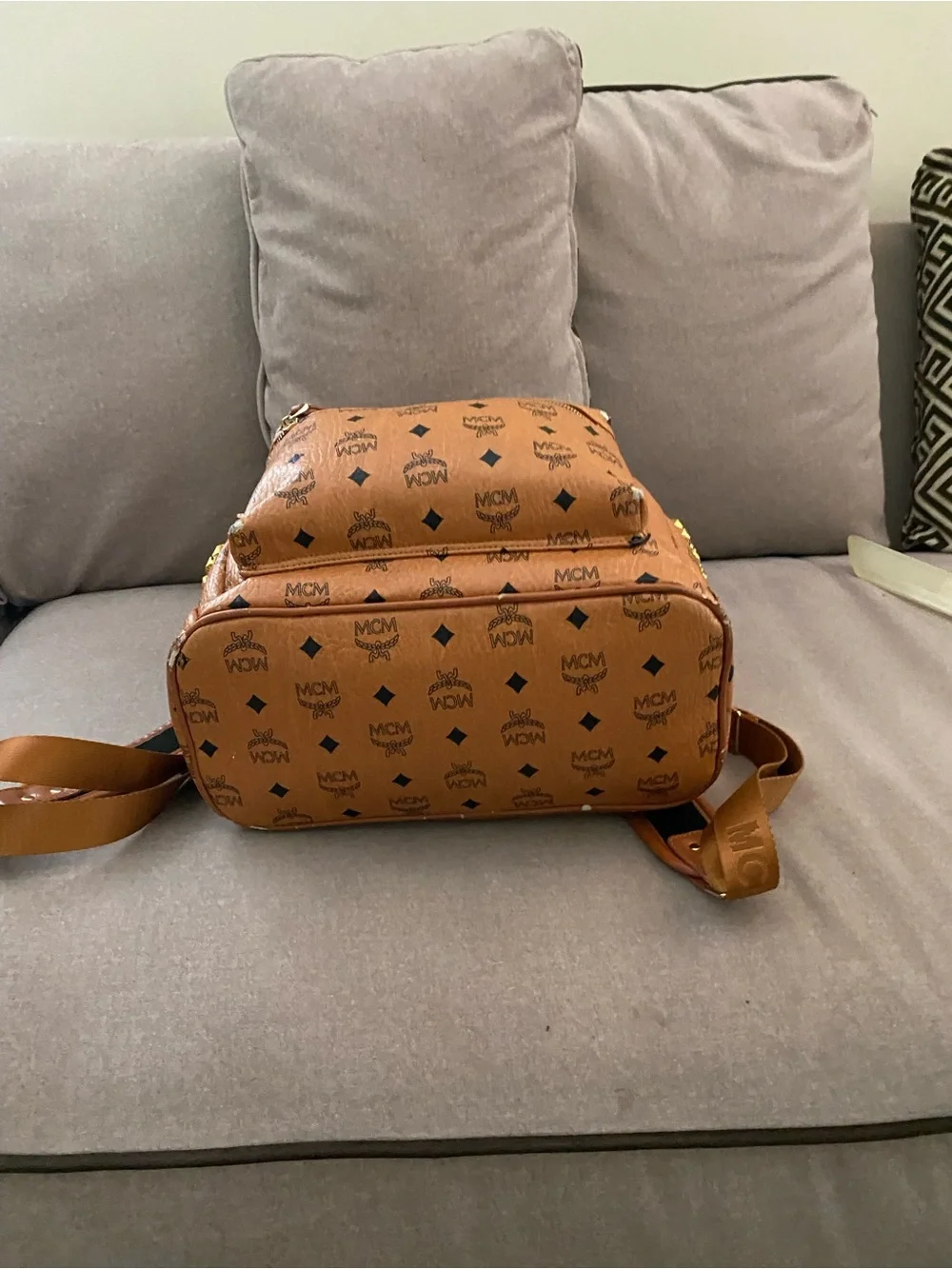 MCM Brown Visetos Logo Backpack with Gold Hardware